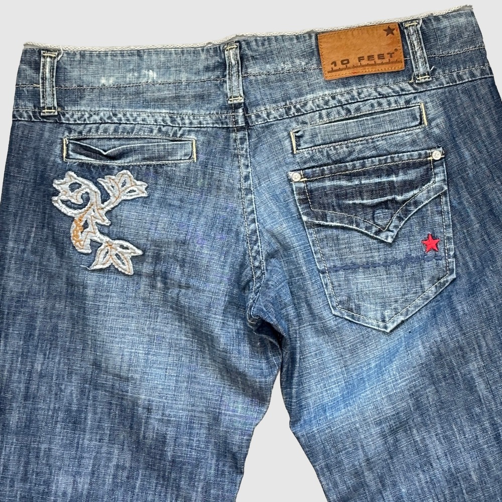 Y2K 10 Feet Blue Embroidered Wide Leg Jeans Button Fly Womens 32 Embellished